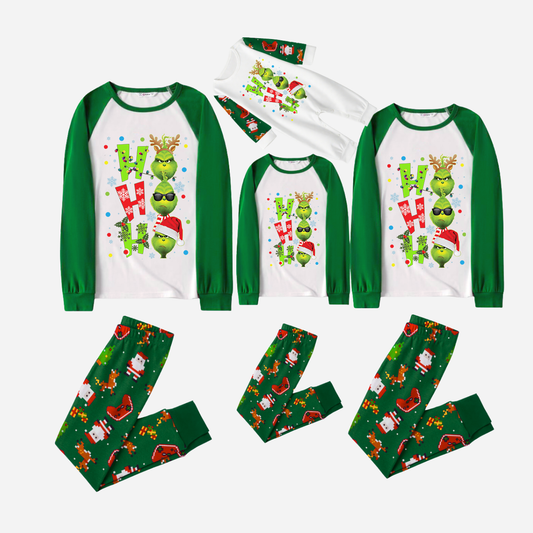 Joyful Green Raglan Top Christmas Pajamas Set With "ho ho ho" and Christmas Grinch Print