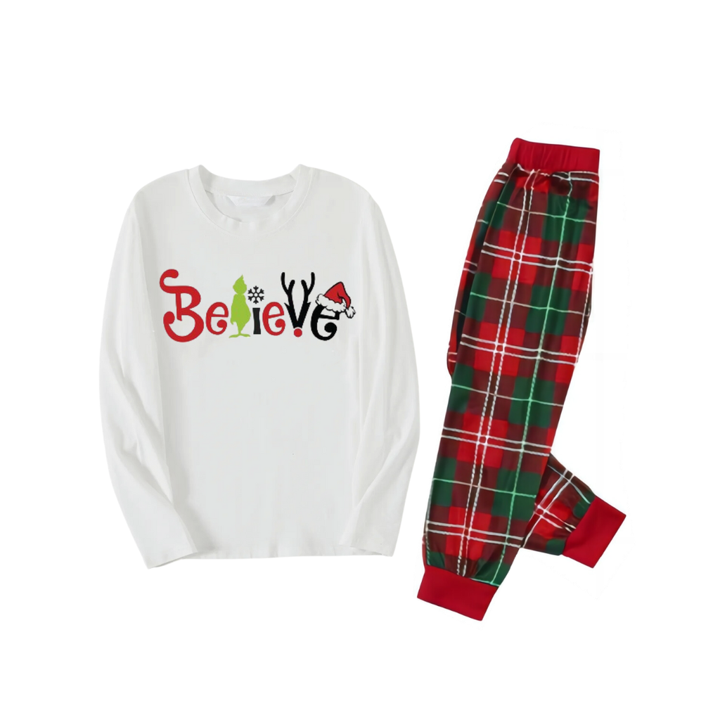 Christmas 2025"Believe" Letter White Long Sleeve Top with Red & Green Plaid Pants Couple Matching Pajamas