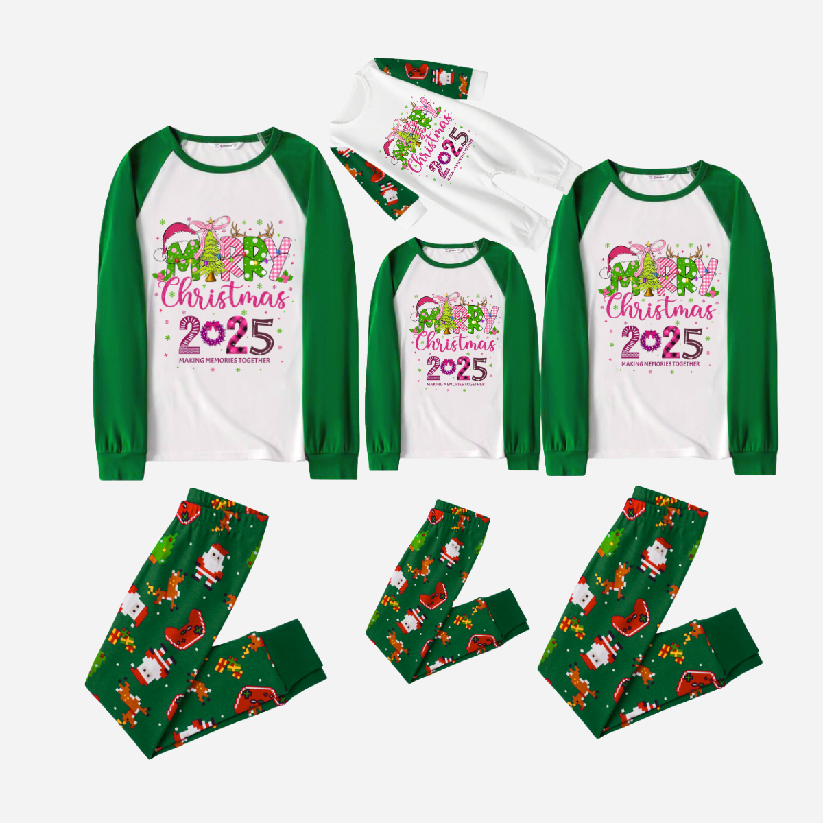 Merry Christmas 2025 Family Christmas Pajamas Set - White Top with Green Sleeves and Christmas Print Pants