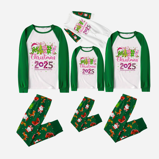 Merry Christmas 2025 Family Christmas Pajamas Set - White Top with Green Sleeves and Christmas Print Pants