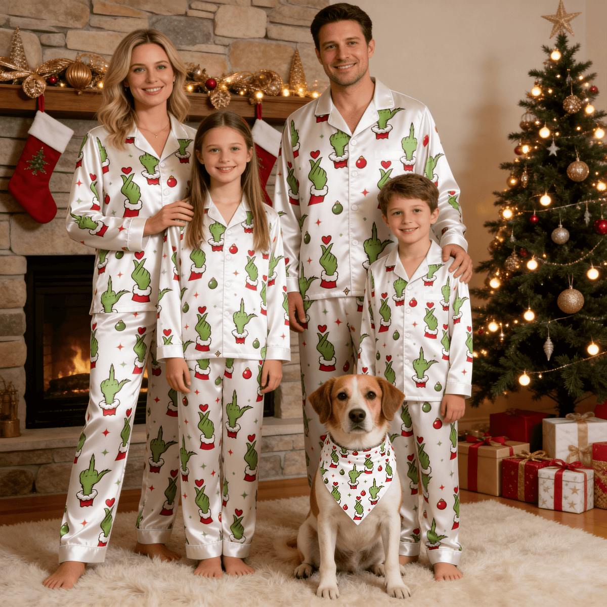 Green Hand Gesture & Heart Print Satin Button-Up Family Christmas Pajamas Set