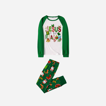 Christmas Cartoon Family Christmas Pajamas Set - White Top with Green Sleeves and Green Santa Print Pants and “Jesus is the Reason” Design