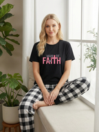 Black and White Plaid Short Sleeve Pajamas Set with Man Of Faith Text Printed