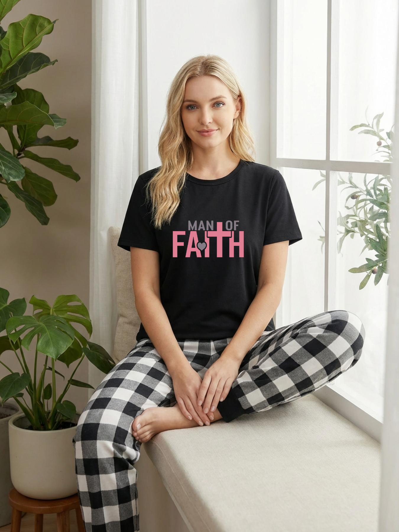 Black and White Plaid Short Sleeve Pajamas Set with Man Of Faith Text Printed