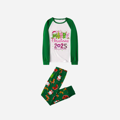 Merry Christmas 2025 Family Christmas Pajamas Set - White Top with Green Sleeves and Christmas Print Pants