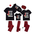 Jesus is the Reason Family Pajamas Set - Black Top Red Pants Red Plaid Sleeves Candy Cane and Holly Print