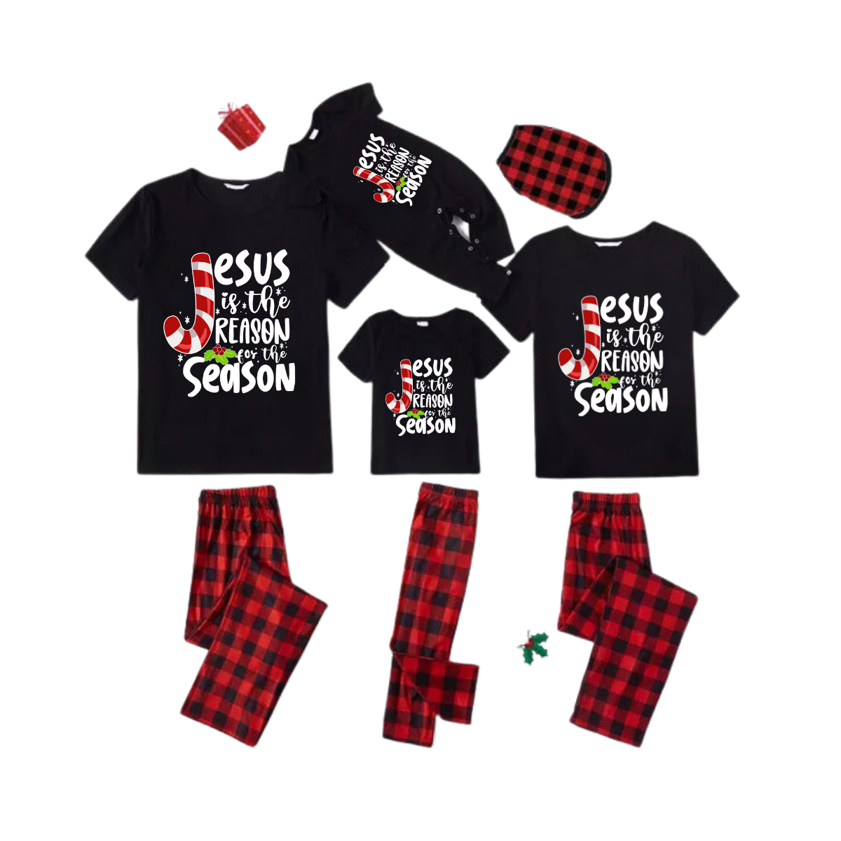 Jesus is the Reason Family Pajamas Set - Black Top Red Pants Red Plaid Sleeves Candy Cane and Holly Print