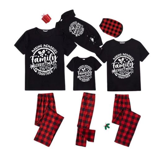 Christmas Make Memories Together 2025 Print Black Short Sleeve with Red & Black Plaid Pant Family Matching Pajamas