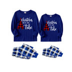 "Christmas With My Tribe"  Pattern Blue Long Sleeves with Blue&White&Black Plaid Pants Couple Matching Pajamas