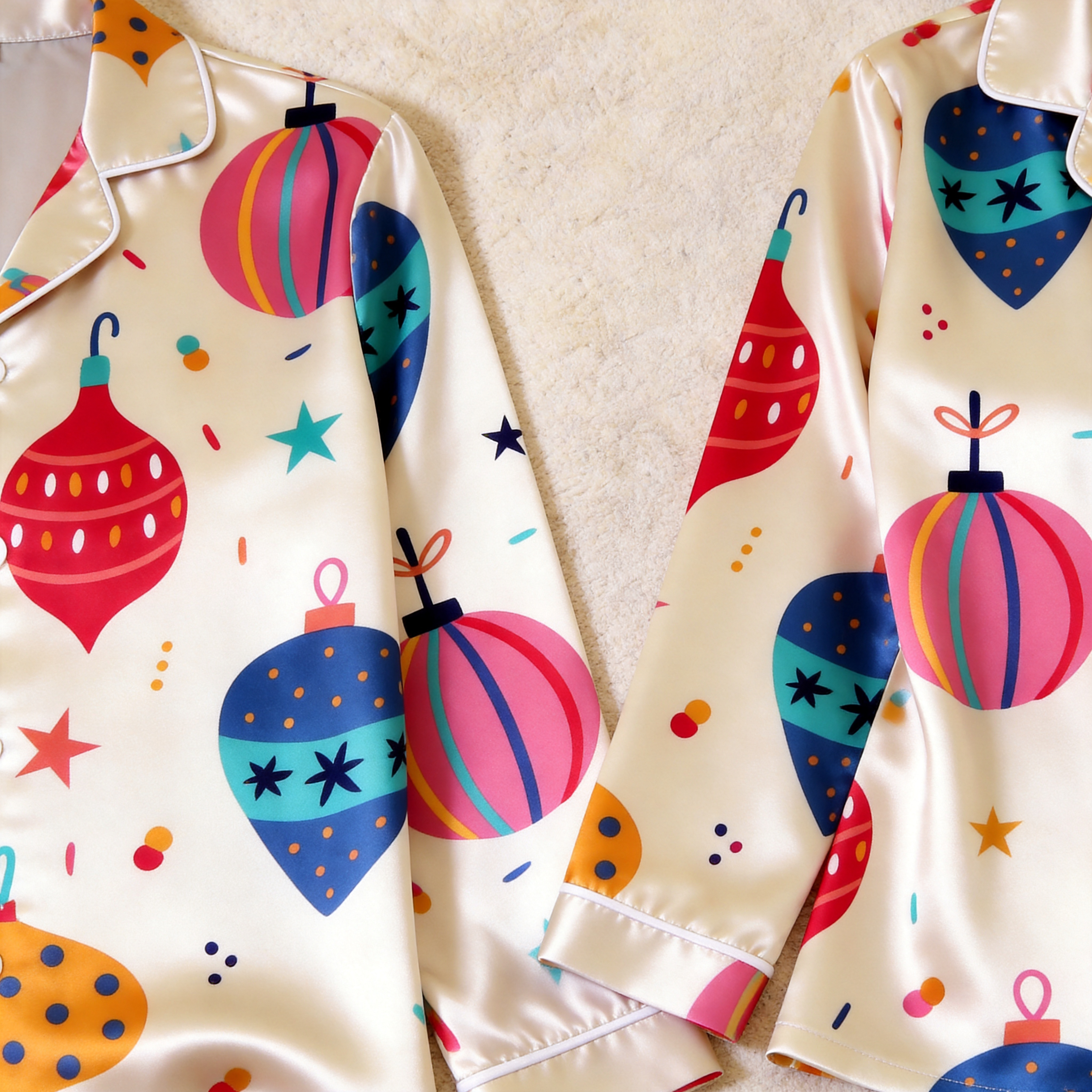 Festive Ornament Satin Matching Pajamas for Couples – Long Sleeve Button-Down Top & Pants Sleepwear Set
