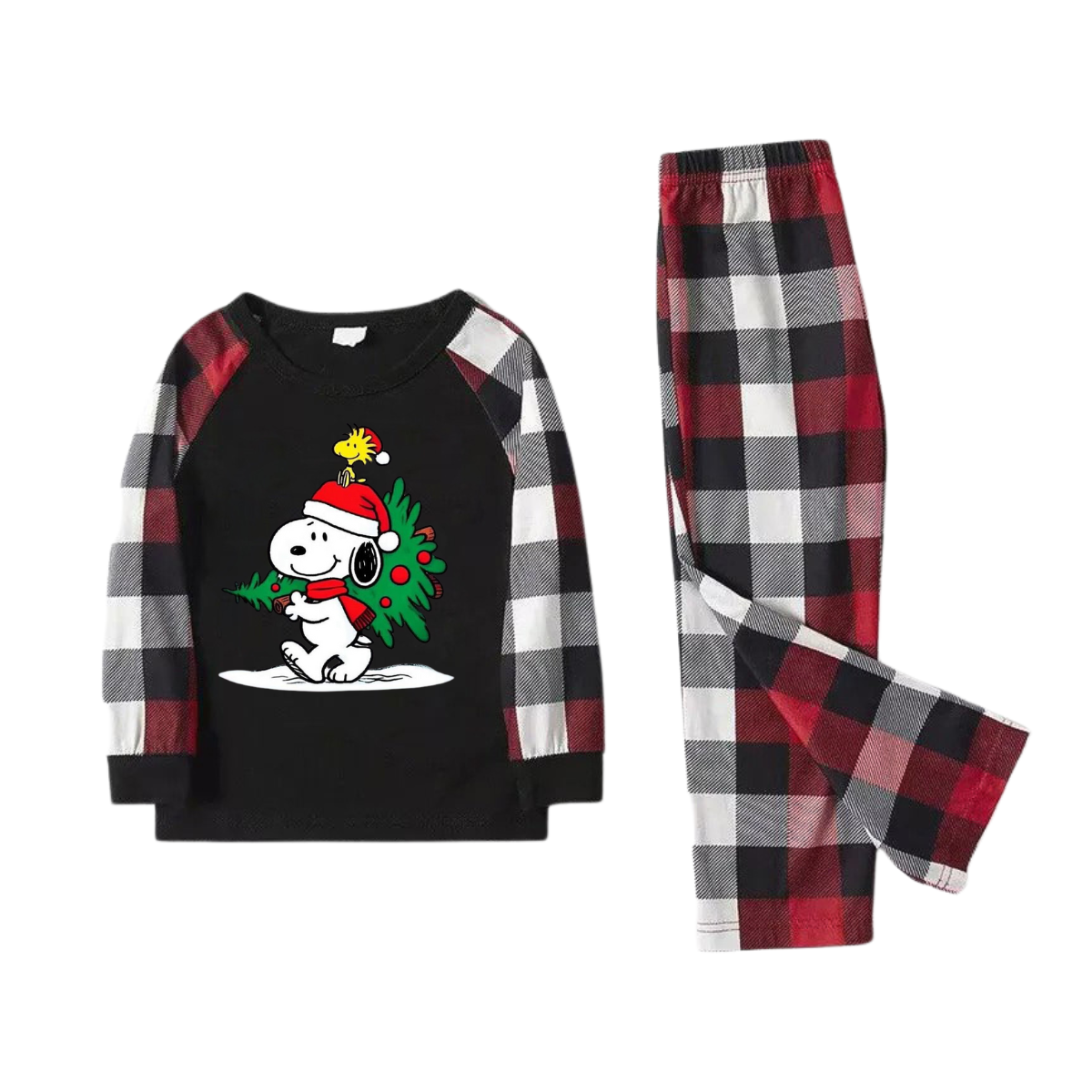 Snoopy Dog Printed Black and Red Plaid Christmas Family Pajama Set