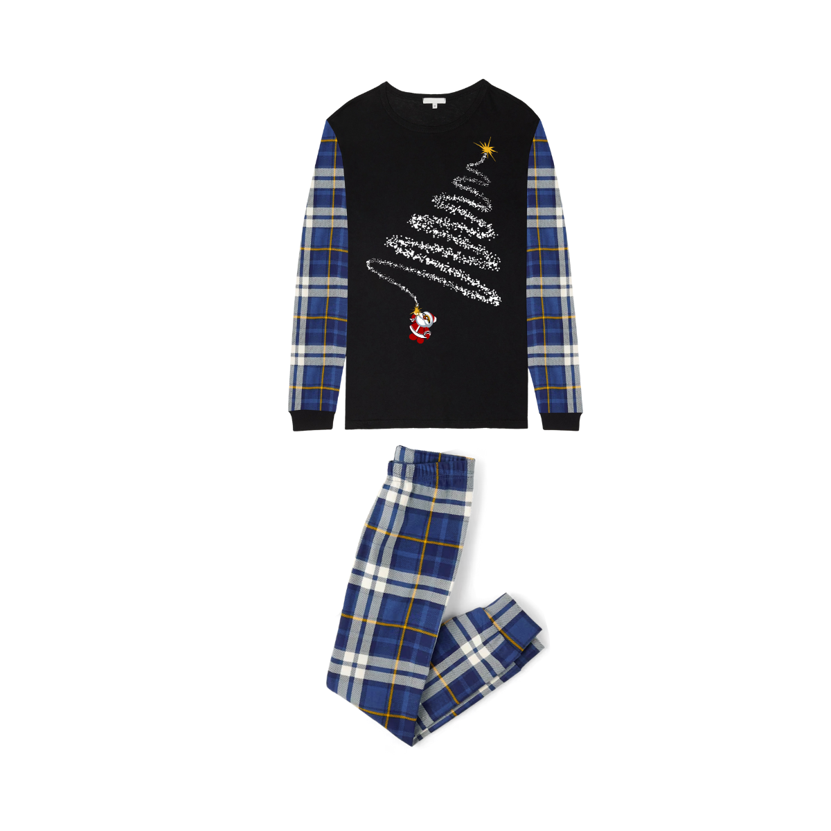 Festive Christmas Tree Pajama Set with Santa and Plaid Pants