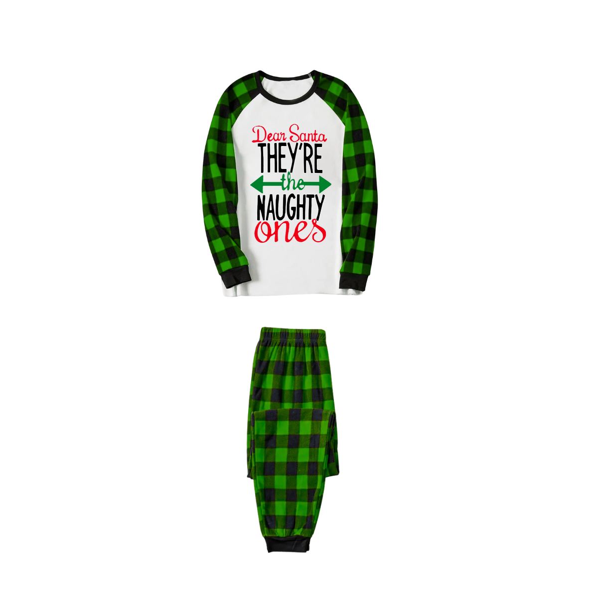 Dear Santa Naughty Ones Family Pajamas Set - White Top, Green Plaid Pants, Plaid Sleeves