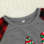 Merry Christmas Cute Gnome Print Casual Long Sleeve Sweatshirts Grey Contrast Top and Black & Red Plaid Pants Family Matching Pajamas Set With Dog Bandana