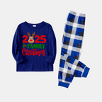 "Family Christmas 2025" Text and Deer Printed Blue and White Plaid Family Matching Pajamas