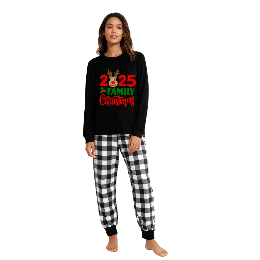 "2025 Family Christmas" Moose Letter Print Black Long Sleeve Top with Black And White Plaid Pants Family Matching Pajamas