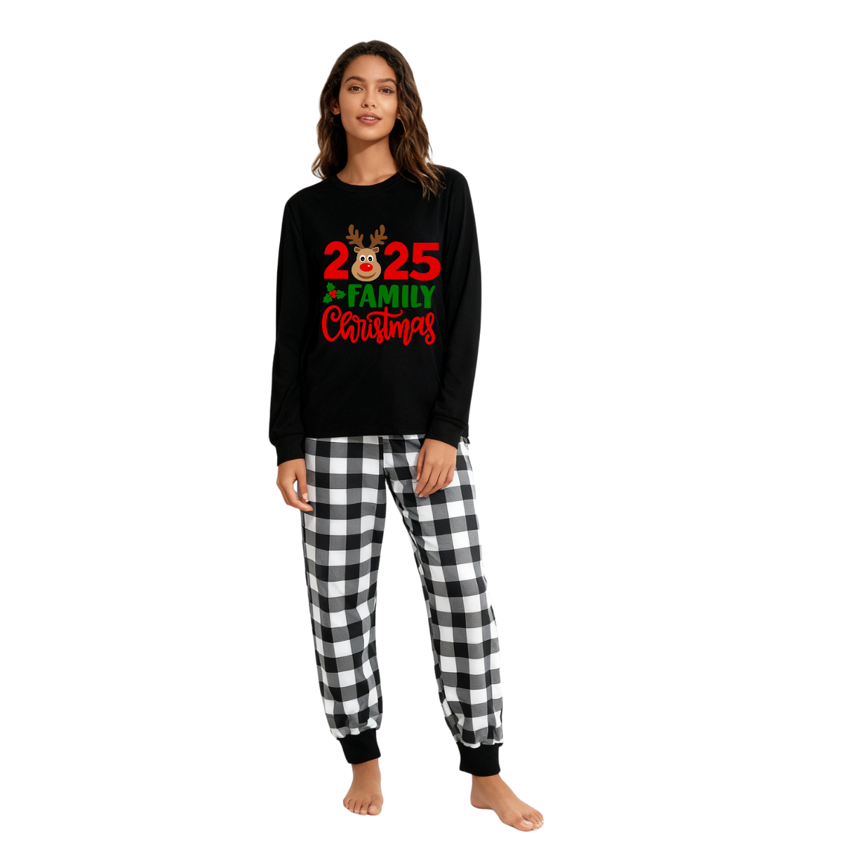 "2025 Family Christmas" Moose Letter Print Black Long Sleeve Top with Black And White Plaid Pants Family Matching Pajamas