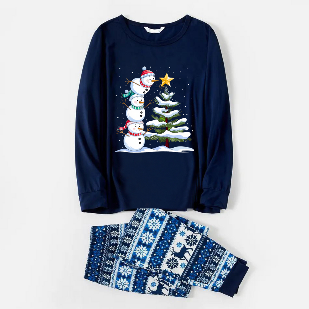 Joyful Blue Christmas Pajamas Set with Snowman & Christmas Tree Print