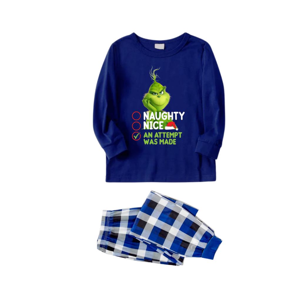 Cute Cartoon Pattern and Slogan Printed  Blue and White Plaid Family Matching Pajamas