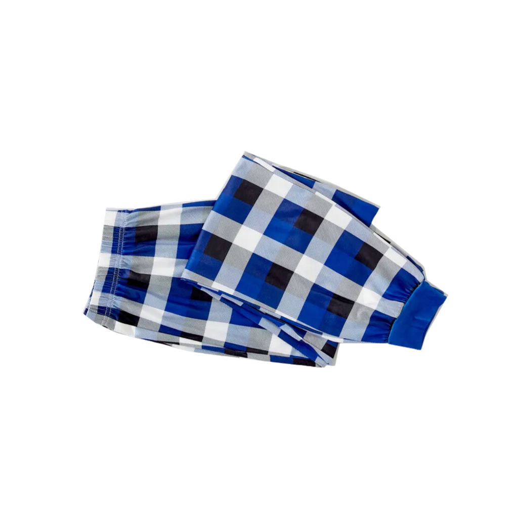 "Family Christmas 2025 Making Memories Together" Text and Santa Hat Printed Blue and White Plaid Couple Matching Pajamas