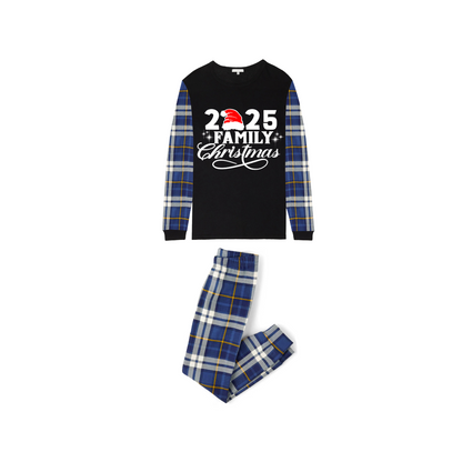 Christmas 2025 Family Matching Family Pajamas Set - Black Top, Blue Pants, Plaid Pattern