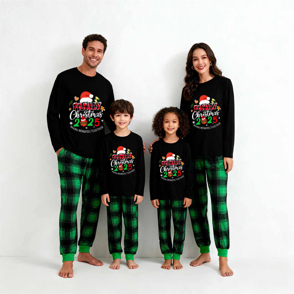 "Making Memories Together Christmas 2025" Print Black and Green Plaid Pants Family Matching Pajamas