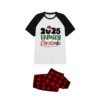 2025 Family Christmas Pajamas Set - White Top Black Sleeves Red Plaid Pants Green and Red Text Graphic