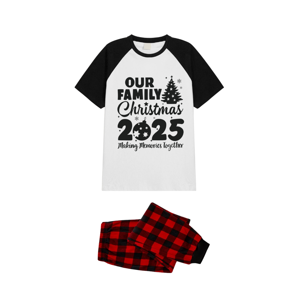 Our Family Christmas 2025 Family Pajamas Set - White Top, Red Plaid Pants, Black Sleeves, Christmas Tree and Ornaments Print