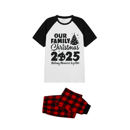 Our Family Christmas 2025 Family Pajamas Set - White Top, Red Plaid Pants, Black Sleeves, Christmas Tree and Ornaments Print