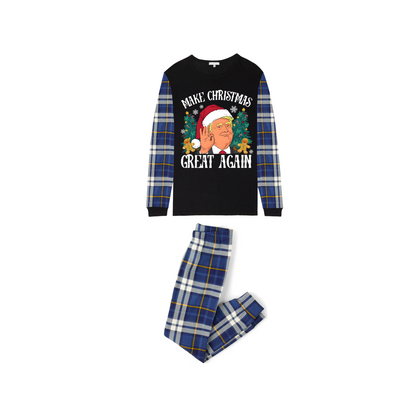 Christmas Cartoon Trump Make Christmas Great Again Family Pajamas Set - Black Top, Blue Pants, Plaid