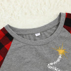 Christmas Santa Claus Print Patterned Casual Long Sleeve Sweatshirts Grey Contrast Top and Black & Red Plaid Pants Family Matching Pajamas Set With Pet Bandana