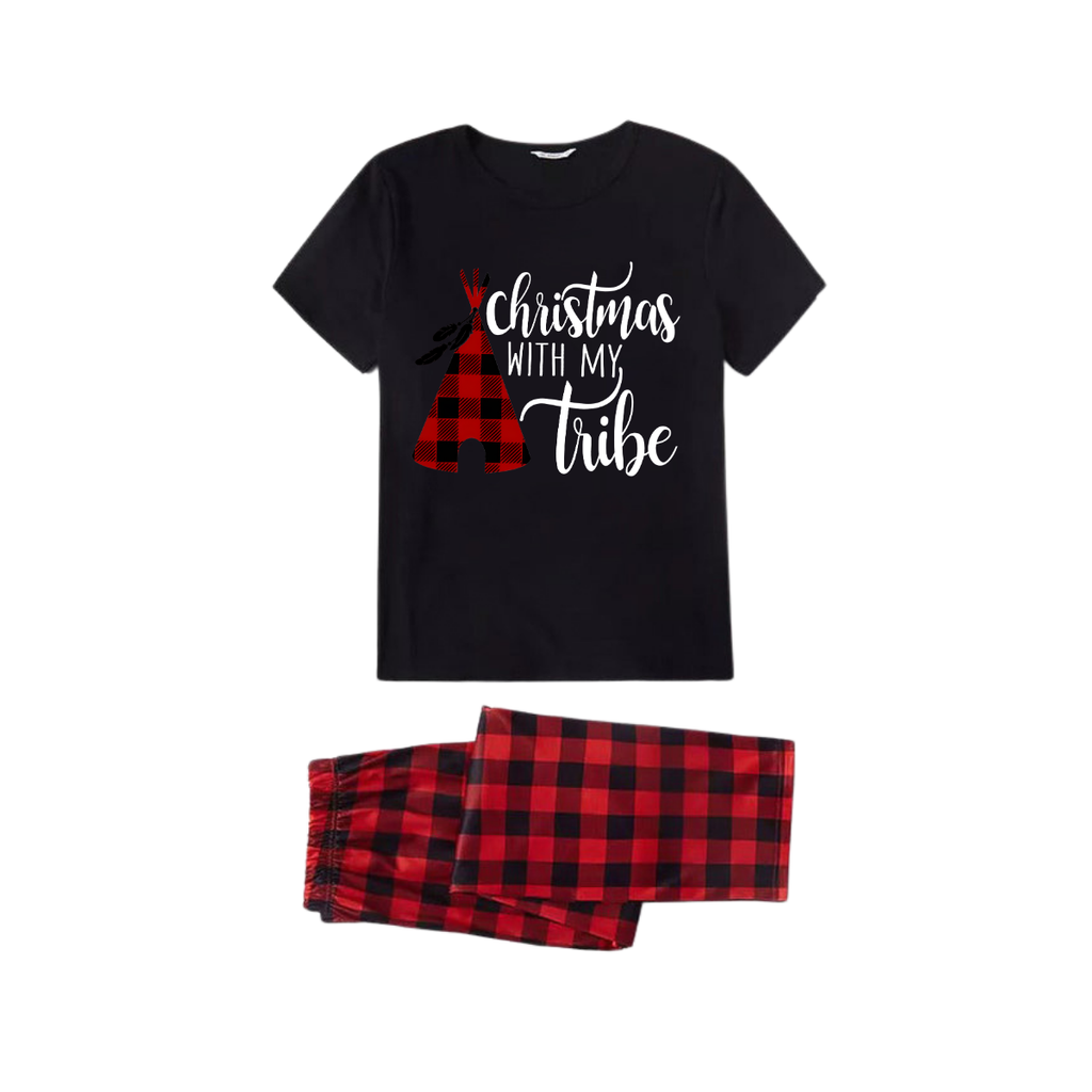 Christmas with My Tribe Family Pajamas Set - Black Top Red Pants Red Plaid Sleeves Teepee Print