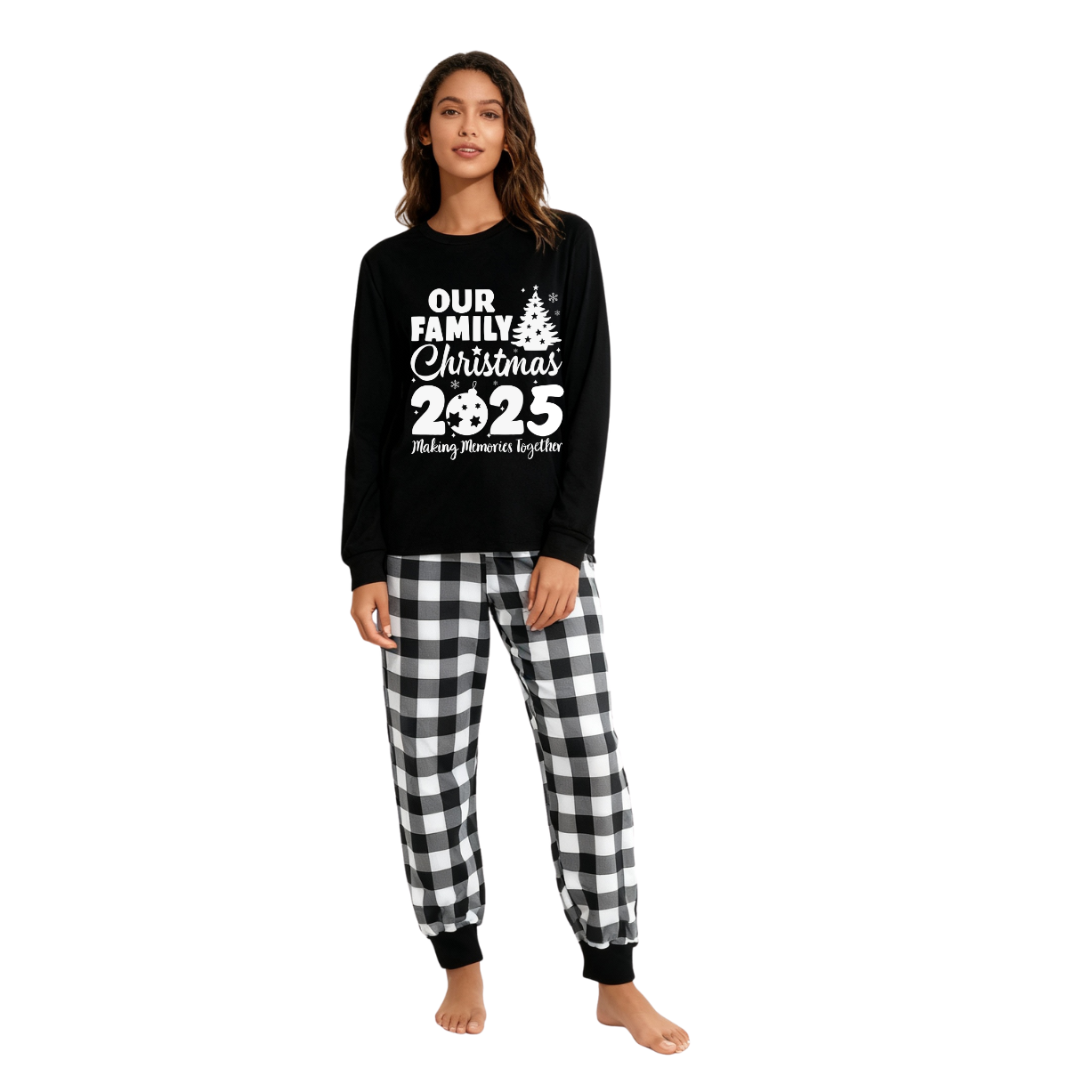 'Our Family Chirstmas 2025 Making Memories Together' Letter Print Black Long Sleeve Top with Black And White Plaid Pants Family Matching Pajamas