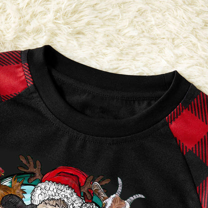 Christmas Cute Cartoon Car Highland Cow Farm Animals Heifers Christmas Cow Patterned and 'Merry Christmas' Letter Print Contrast Black top and Black & Red Plaid Pants Family Matching Pajamas Set