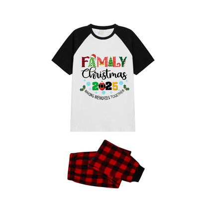 Family Christmas 2025 Making Memories Together Pajamas Set - White Top Black Sleeves Red Plaid Pants Multi-Color Text Graphic