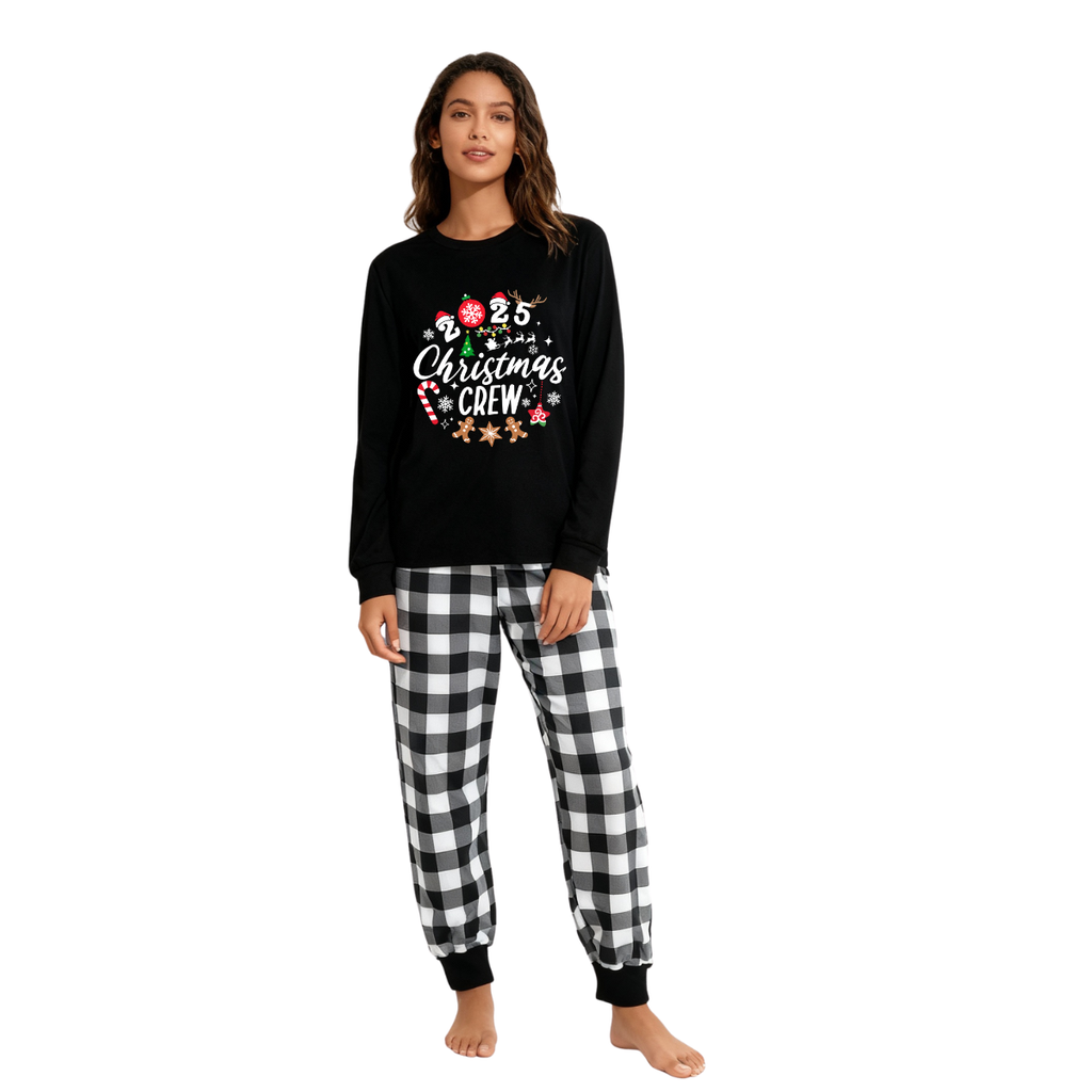 2025 Christmas Crew Making Memories Together Text Print Black Long Sleeve Top with Black And White Plaid Pants Family Matching Pajamas