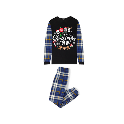 Christmas Crew 2025 Family Pajamas Set - Black Top, Blue Pants, Blue Plaid Sleeves, Gingerbread Candy Print