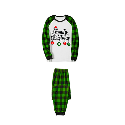 Family Christmas 2025 Pajamas Set - White Top / Green Plaid