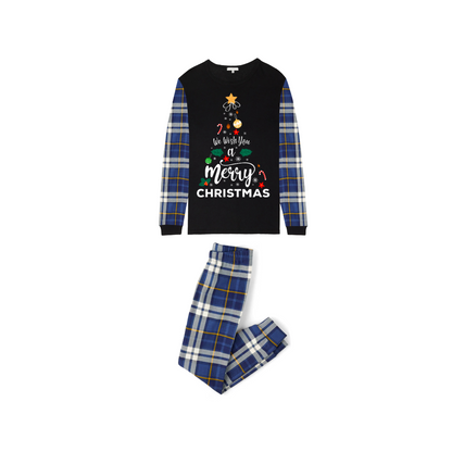 We Wish You a Merry Christmas Family Pajamas Set - Black Top / Blue Plaid Pants / Blue Plaid Sleeves