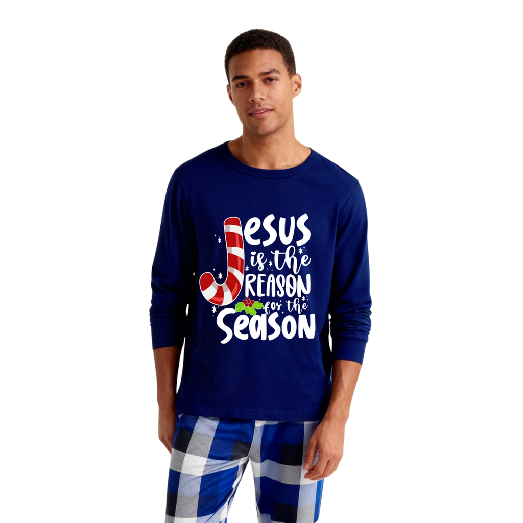 Christmas Jesus White Letter Prints Contrast Blue Long Sleeve with Blue and White Plaid Pants Family Matching Pajamas