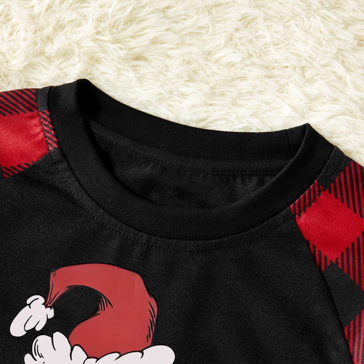 Christmas Cartoon and 'Merry Whatever' Letter Print Contrast Tops Contrast Black top and Black & Red Plaid Pants Family Matching Pajamas Set With Dog Bandana