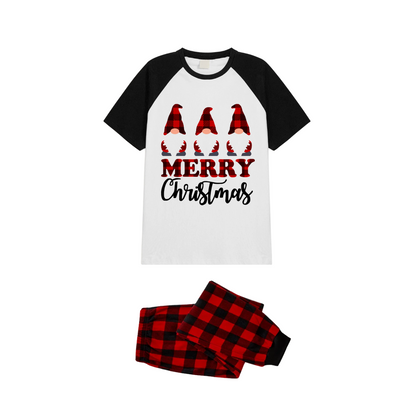 Merry Christmas Gnome Family Pajamas Set - White Top Black Sleeves Red Plaid Pants Red and Black Graphic