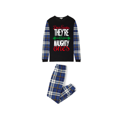 Blue Plaid Raglan Sleeve Black Top with Dear Santa They Are the Naughty Ones Printed Plaid Pants Family Matching Christmas Pajamas Sets