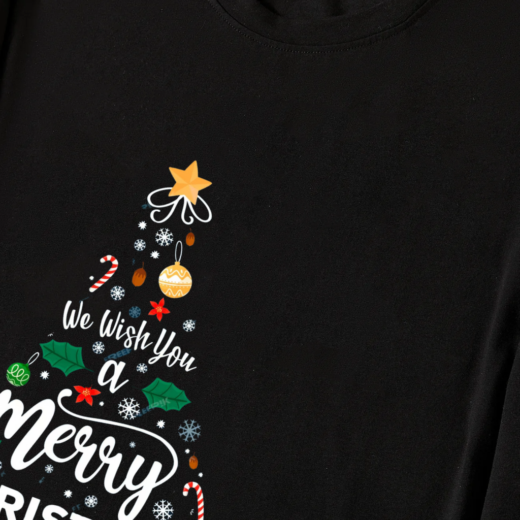 "We Wish You a Merry Christmas" Printed Black & Green Plaid Pants Family Matching Pajamas