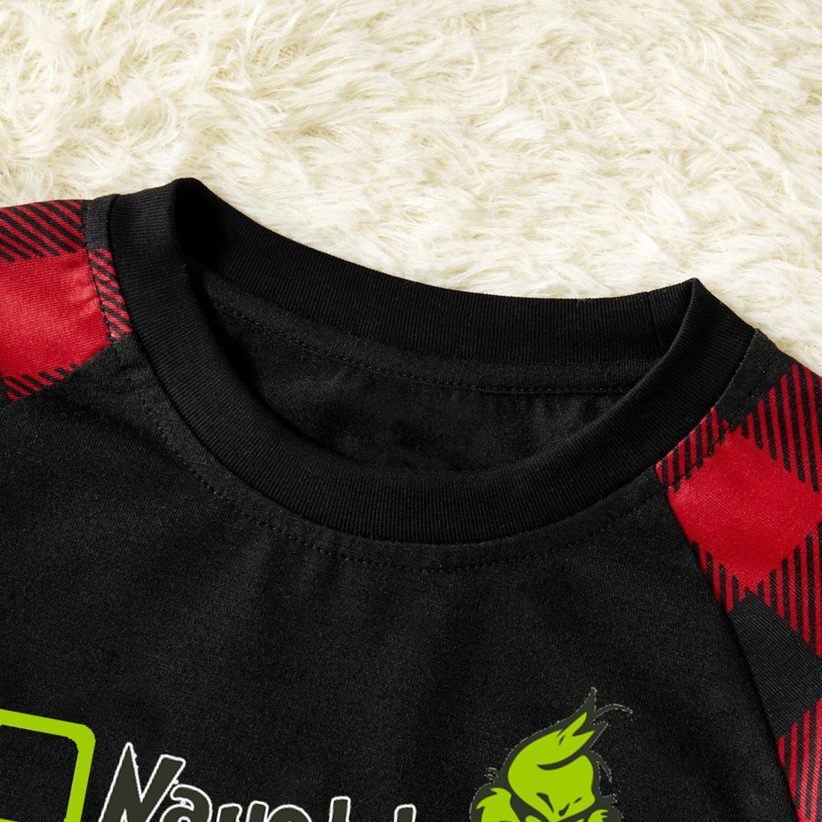 Christmas "Naughty&Nice& I Tried" Letter Print Patterned Casual Long Sleeve Sweatshirts Contrast Black Top and Black & Red Plaid Pants Family Matching Pajamas Set With Pet Bandana