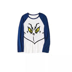 Christmas Cartoon Face Print Blue Contrast Top and Black and Blue Plaid Pants Family Matching Pajamas Sets With Dog Bandana
