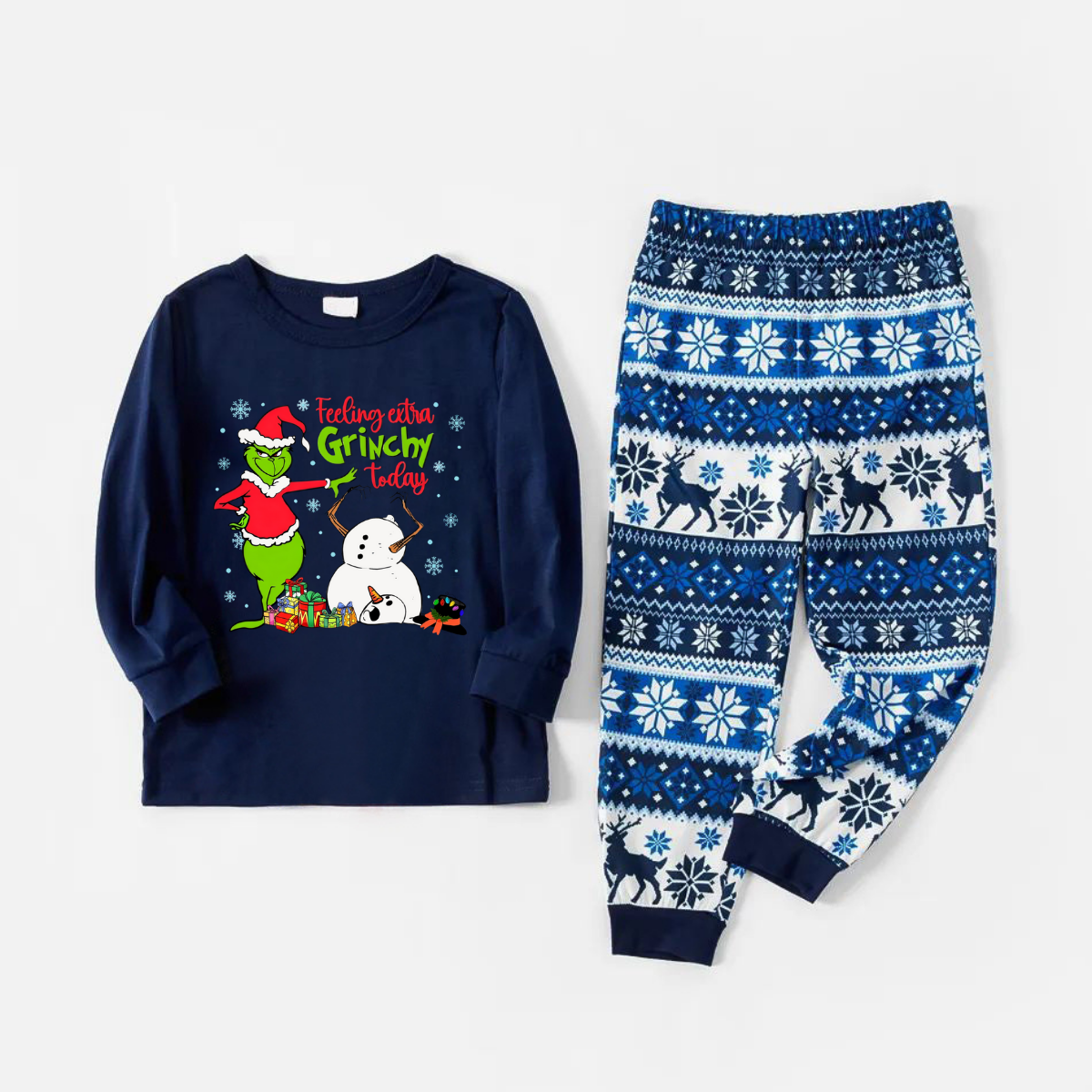 Joyful Blue Christmas Pajamas Set With Grinch and Snowman Print