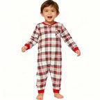 Family Matching Pajama Set – Gray Button-Neck Tee & Red Plaid Pants