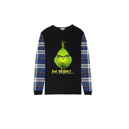 Grinch Ew, People... Matching Family Christmas Pajamas-Black Tops & Blue Plaid Pants