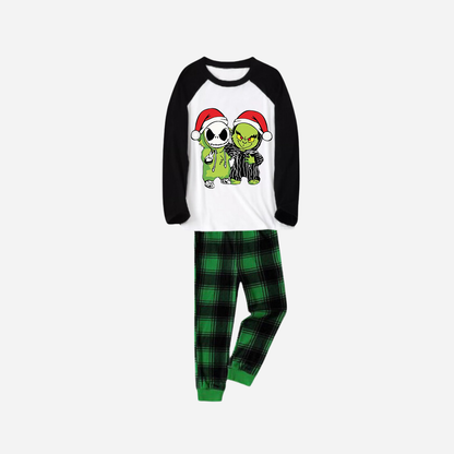 Black Raglan Top Green Plaid Christmas Pajamas Set With Grinch and Cartoon Pattern Print
